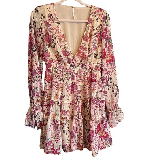 Free People -Closer to the Heart-mini-floral pink ivory long sleeve-Size Small - Picture 2 of 15
